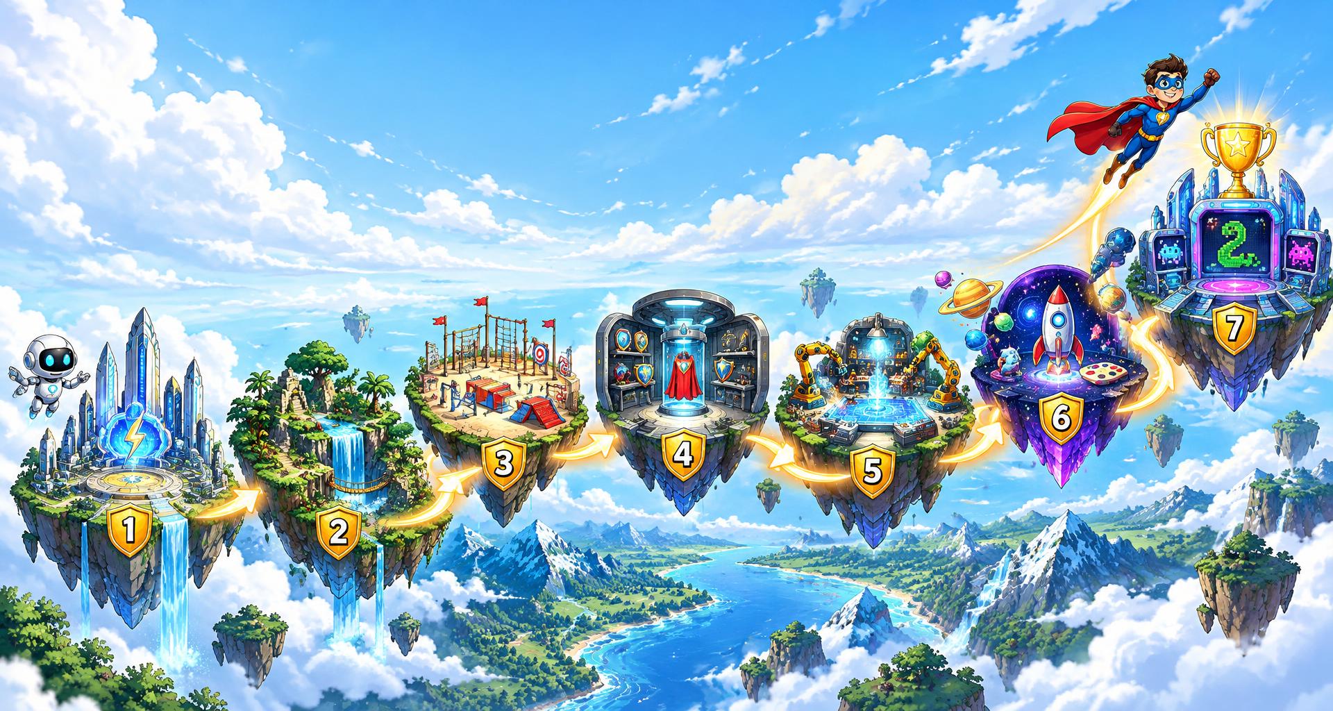 Follow the golden arrows through seven numbered floating worlds: Hero Headquarters, Jungle Rescue, Training Arena, Equipment Vault, Power Workshop, Cosmic Studio, and Arcade Station, where a flying superhero reaches the final trophy.